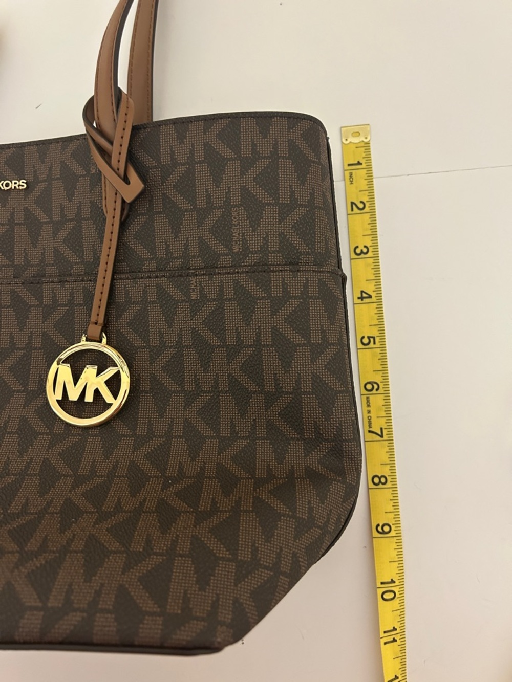 Michael Kors Brown Monogram Tote with Gold MK Charm - Picture 12 of 12